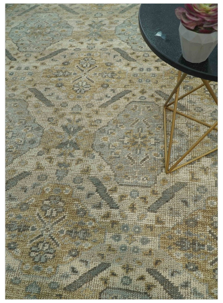 Custom Made Ivory, Brown and Blue Traditional Hand Knotted Wool Area Rug - The Rug Decor