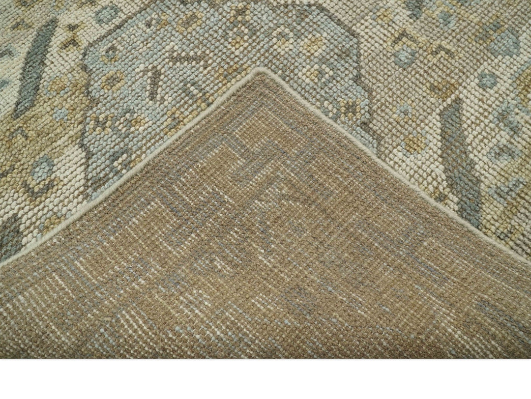 Custom Made Ivory, Brown and Blue Traditional Hand Knotted Wool Area Rug - The Rug Decor