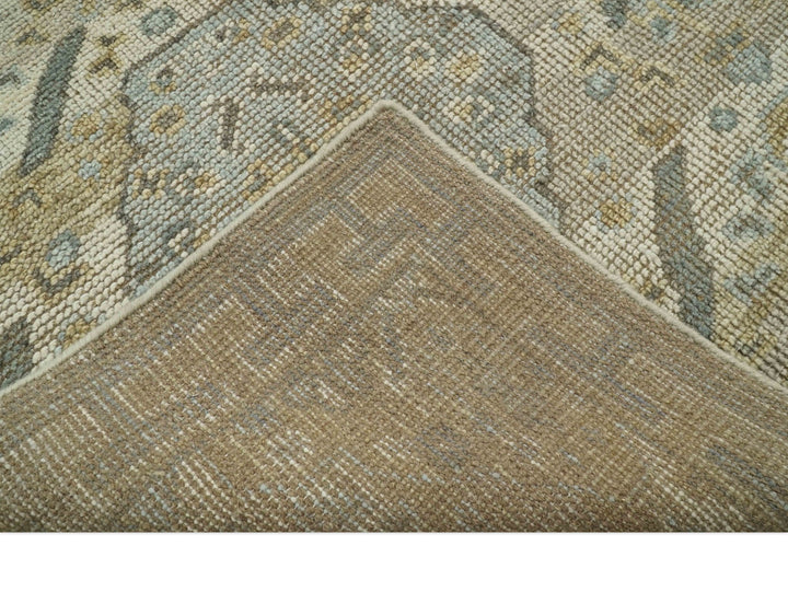 Custom Made Ivory, Brown and Blue Traditional Hand Knotted Wool Area Rug - The Rug Decor