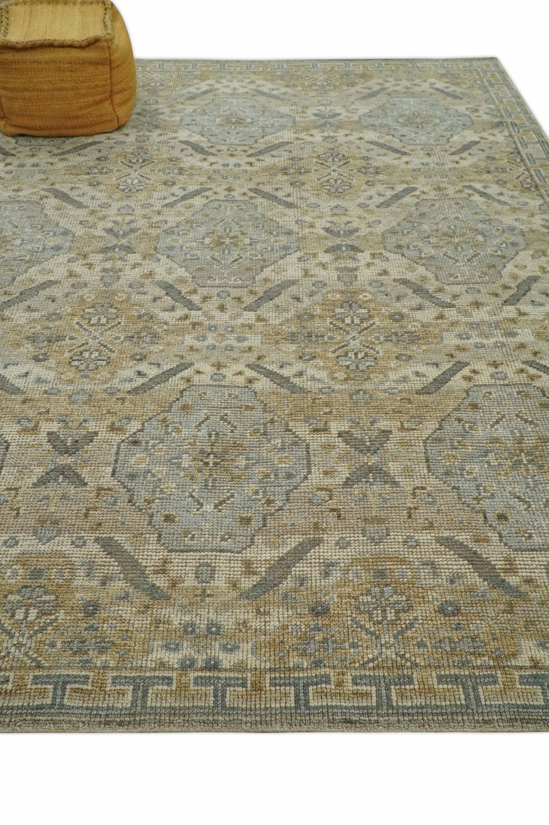 Custom Made Ivory, Brown and Blue Traditional Hand Knotted Wool Area Rug - The Rug Decor