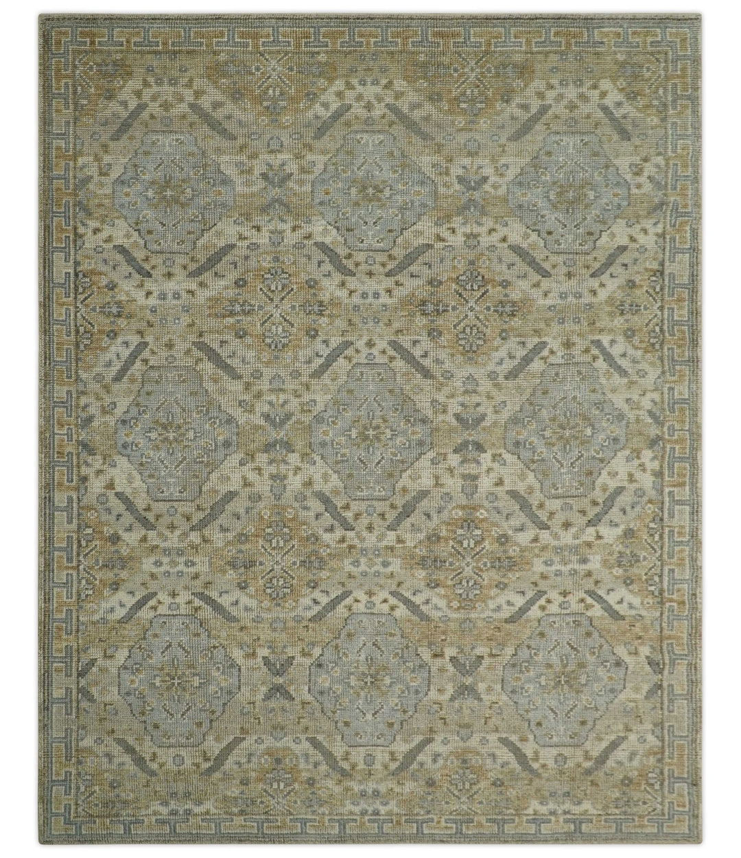 Custom Made Ivory, Brown and Blue Traditional Hand Knotted Wool Area Rug - The Rug Decor