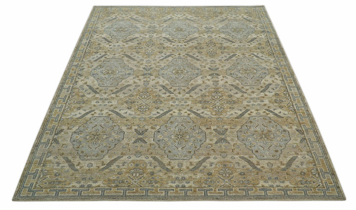 Custom Made Ivory, Brown and Blue Traditional Hand Knotted Wool Area Rug - The Rug Decor