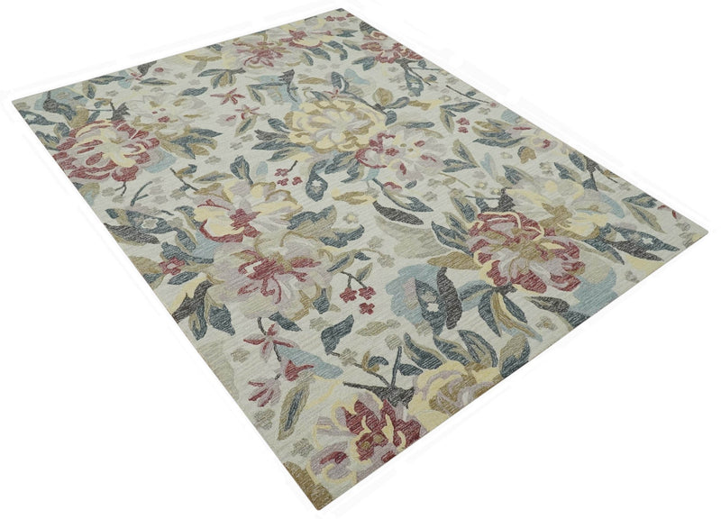 Custom Made Ivory, Charcoal and Olive Floral Design Colorful Hand Tufted wool rug - The Rug Decor