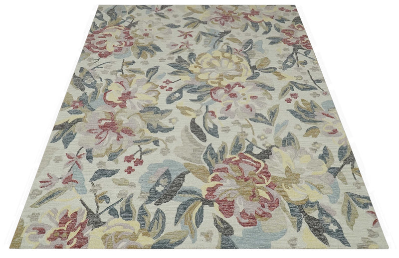 Custom Made Ivory, Charcoal and Olive Floral Design Colorful Hand Tufted wool rug - The Rug Decor