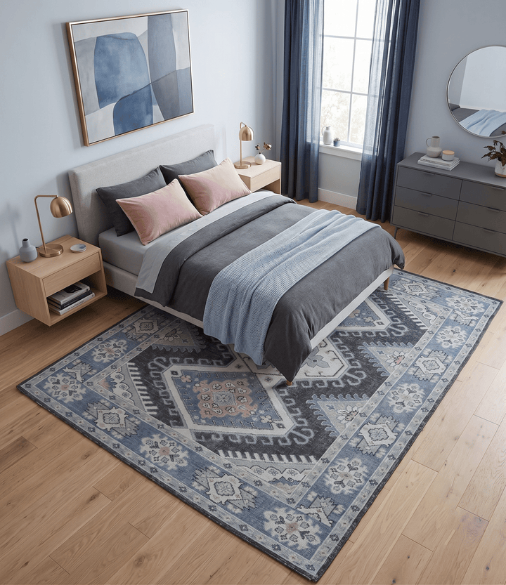 Custom Made Ivory, Charcoal, Silver and Blue Traditional Hand knotted wool Area Rug - The Rug Decor