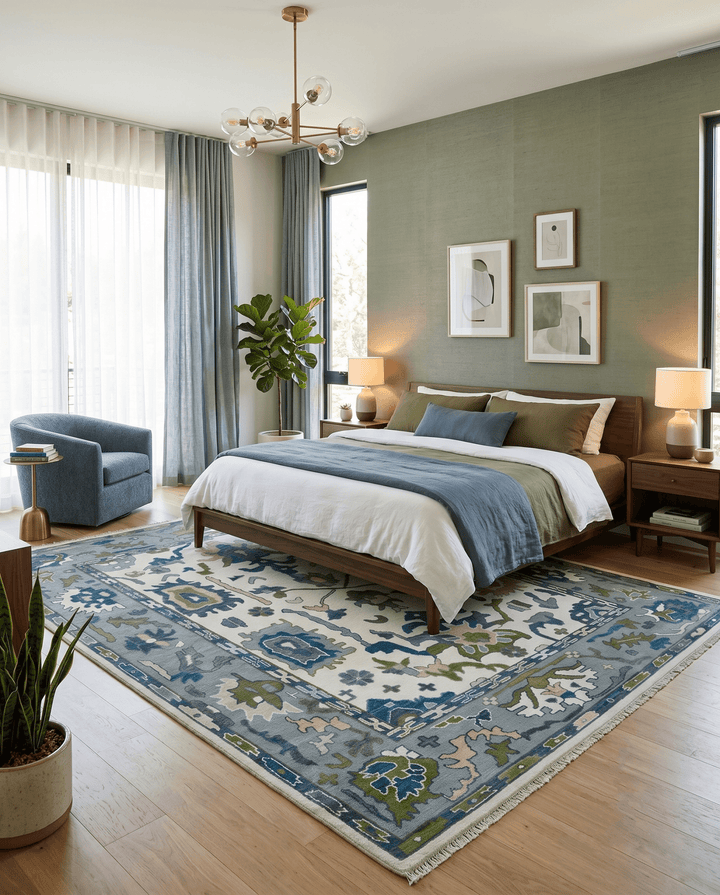 Custom Made Ivory, Gray and Green Hand knotted Traditional Oushak Wool Area Rug - The Rug Decor