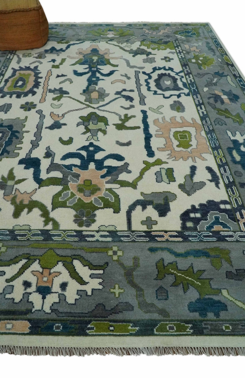 Custom Made Ivory, Gray and Green Hand knotted Traditional Oushak Wool Area Rug - The Rug Decor