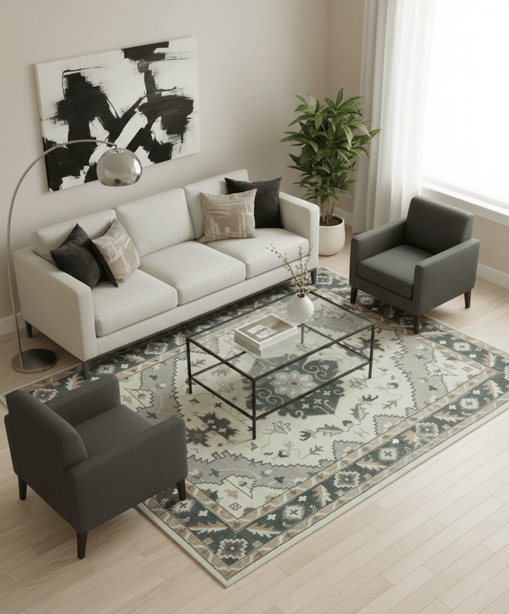 Custom Made Ivory, Gray, Camel and Charcoal Traditional Multi Size Wool Area Rug - The Rug Decor