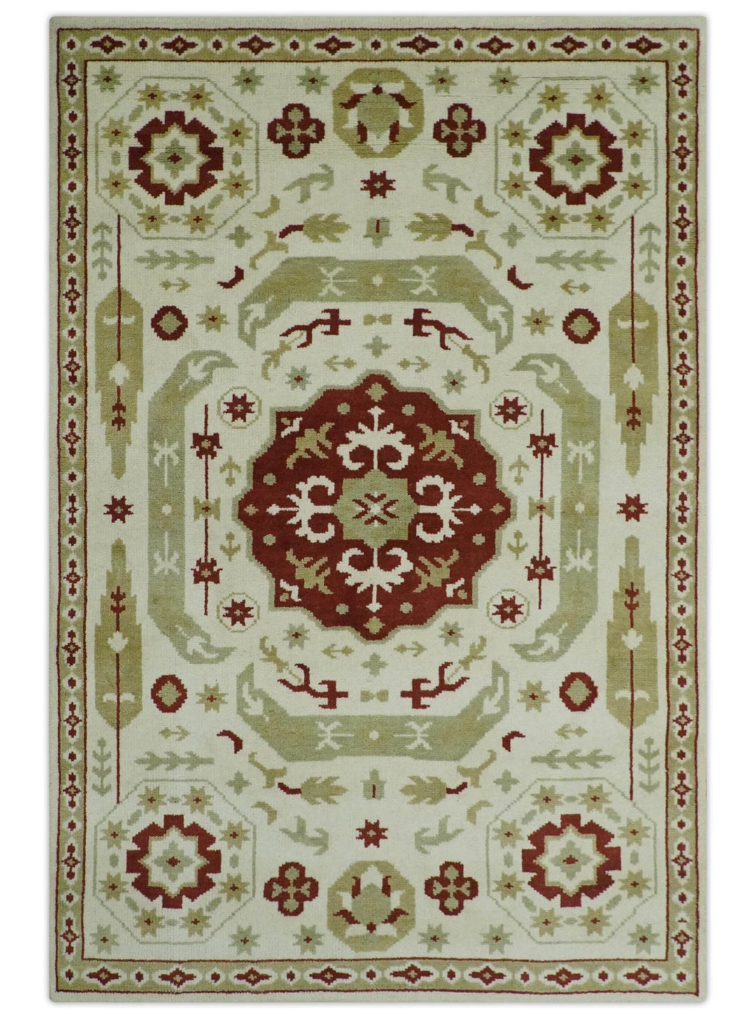 Custom Made Ivory, Olive and Maroon Traditional Medallion Mamluk Design wool Rug - The Rug Decor