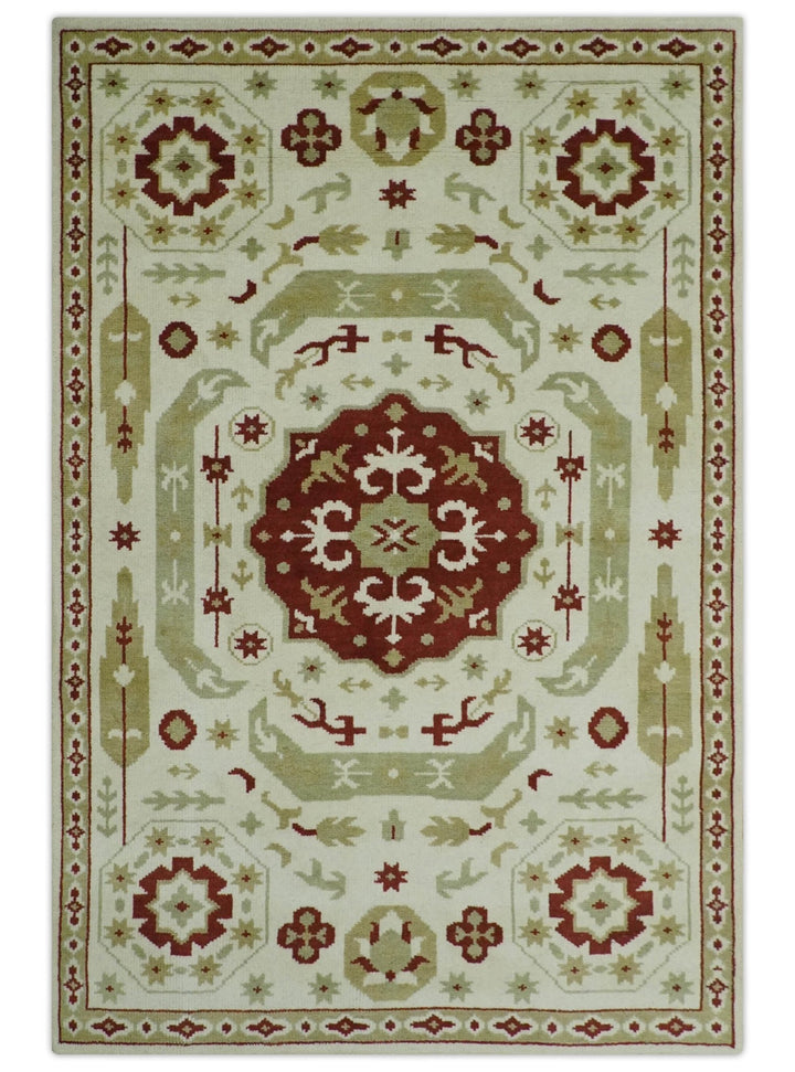 Custom Made Ivory, Olive and Maroon Traditional Medallion Mamluk Design wool Rug - The Rug Decor