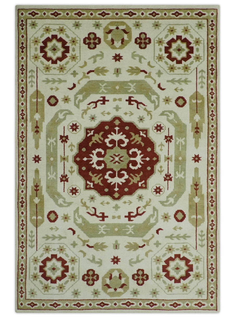 Custom Made Ivory, Olive and Maroon Traditional Medallion Mamluk Design wool Rug - The Rug Decor