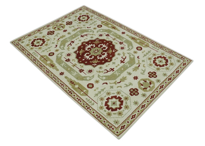 Custom Made Ivory, Olive and Maroon Traditional Medallion Mamluk Design wool Rug - The Rug Decor