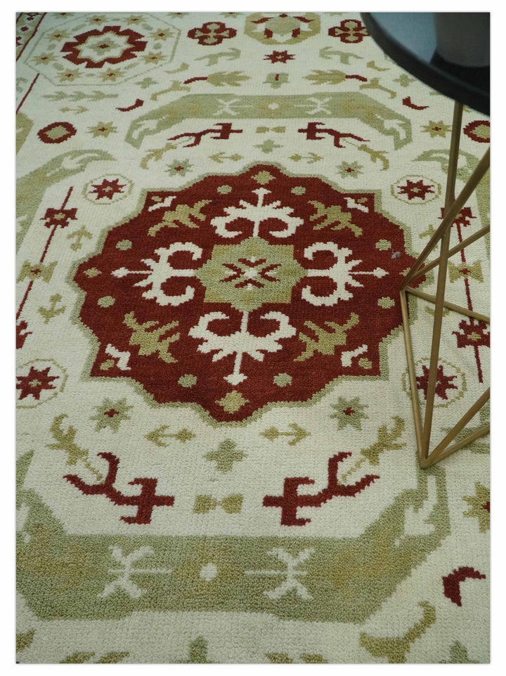 Custom Made Ivory, Olive and Maroon Traditional Medallion Mamluk Design wool Rug - The Rug Decor