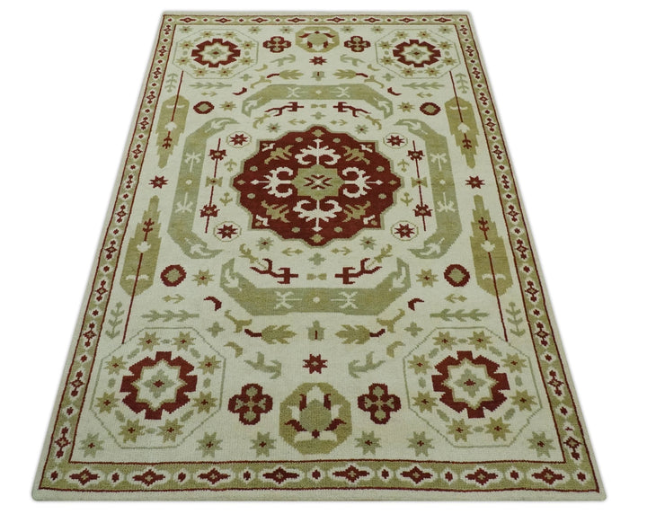 Custom Made Ivory, Olive and Maroon Traditional Medallion Mamluk Design wool Rug - The Rug Decor