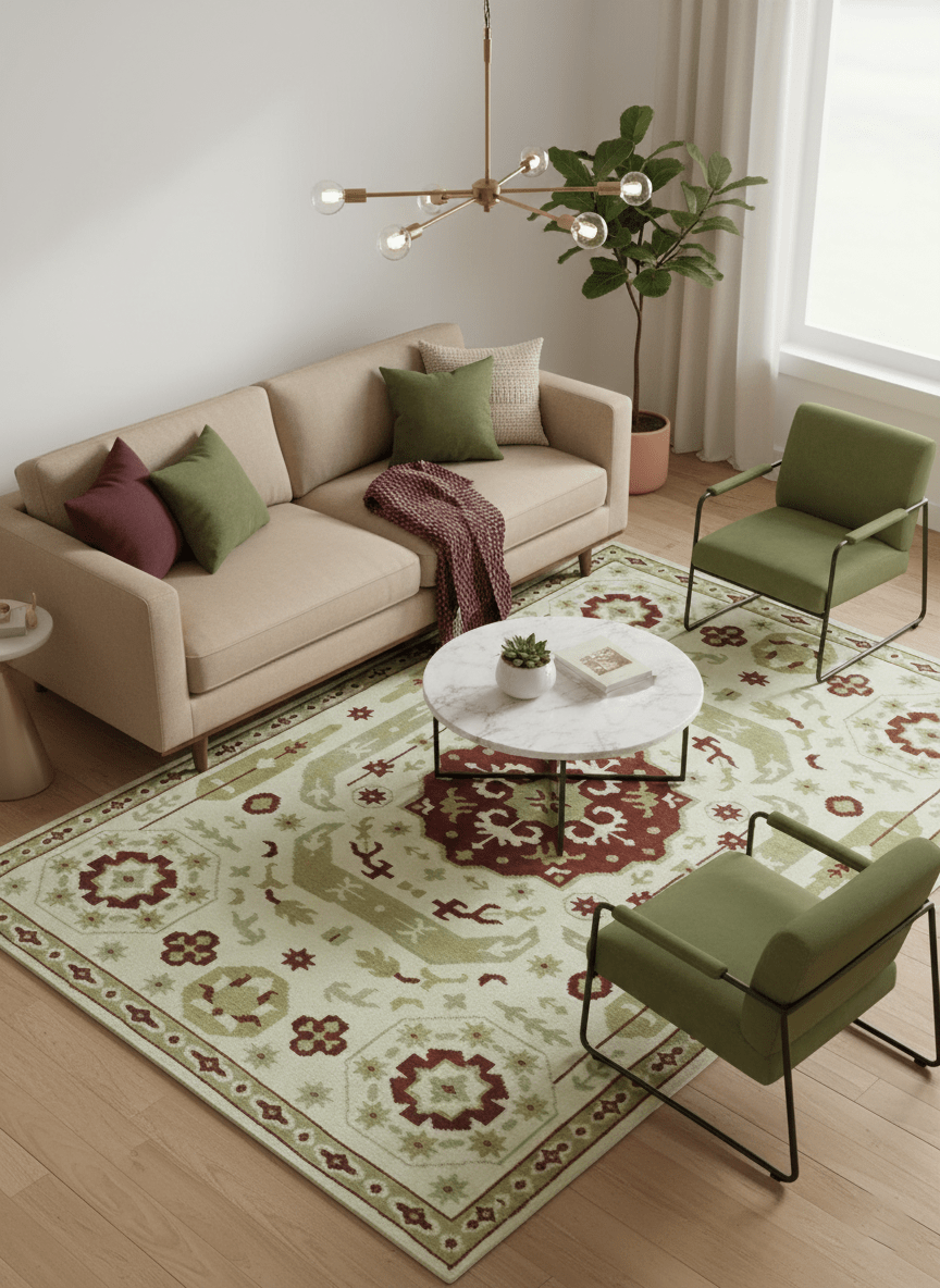 Custom Made Ivory, Olive and Maroon Traditional Medallion Mamluk Design wool Rug - The Rug Decor