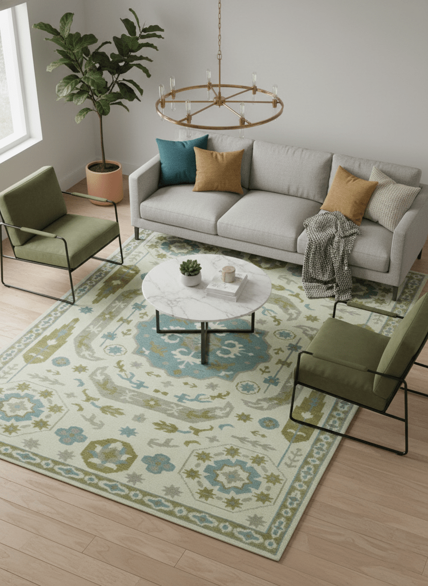 Custom Made Ivory, Olive and Teal Hand Knotted Traditional Medallion Mamluk Design wool Rug - The Rug Decor