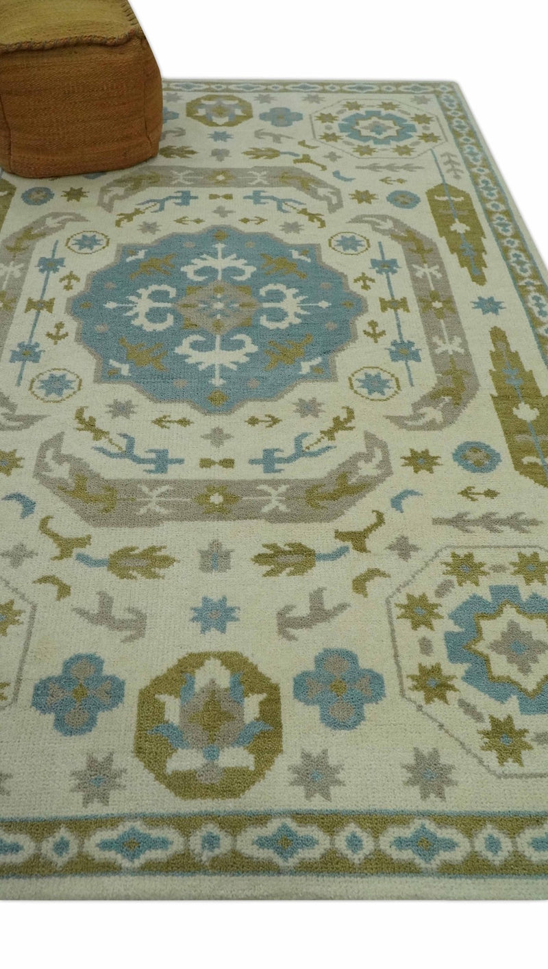 Custom Made Ivory, Olive and Teal Hand Knotted Traditional Medallion wool Area Rug - The Rug Decor