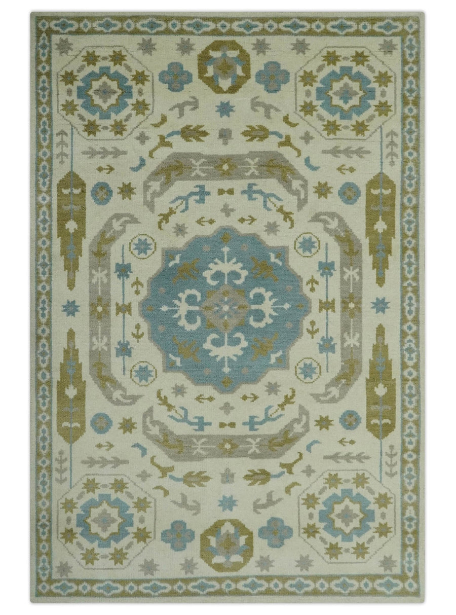 Custom Made Ivory, Olive and Teal Hand Knotted Traditional Medallion wool Area Rug - The Rug Decor