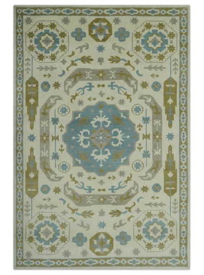 Custom Made Ivory, Olive and Teal Hand Knotted Traditional Medallion wool Area Rug - The Rug Decor