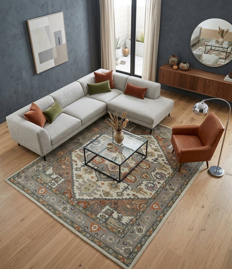 Custom Made Ivory, Silver, Peach and Olive Hand Knotted Traditional Heriz wool Area Rug - The Rug Decor