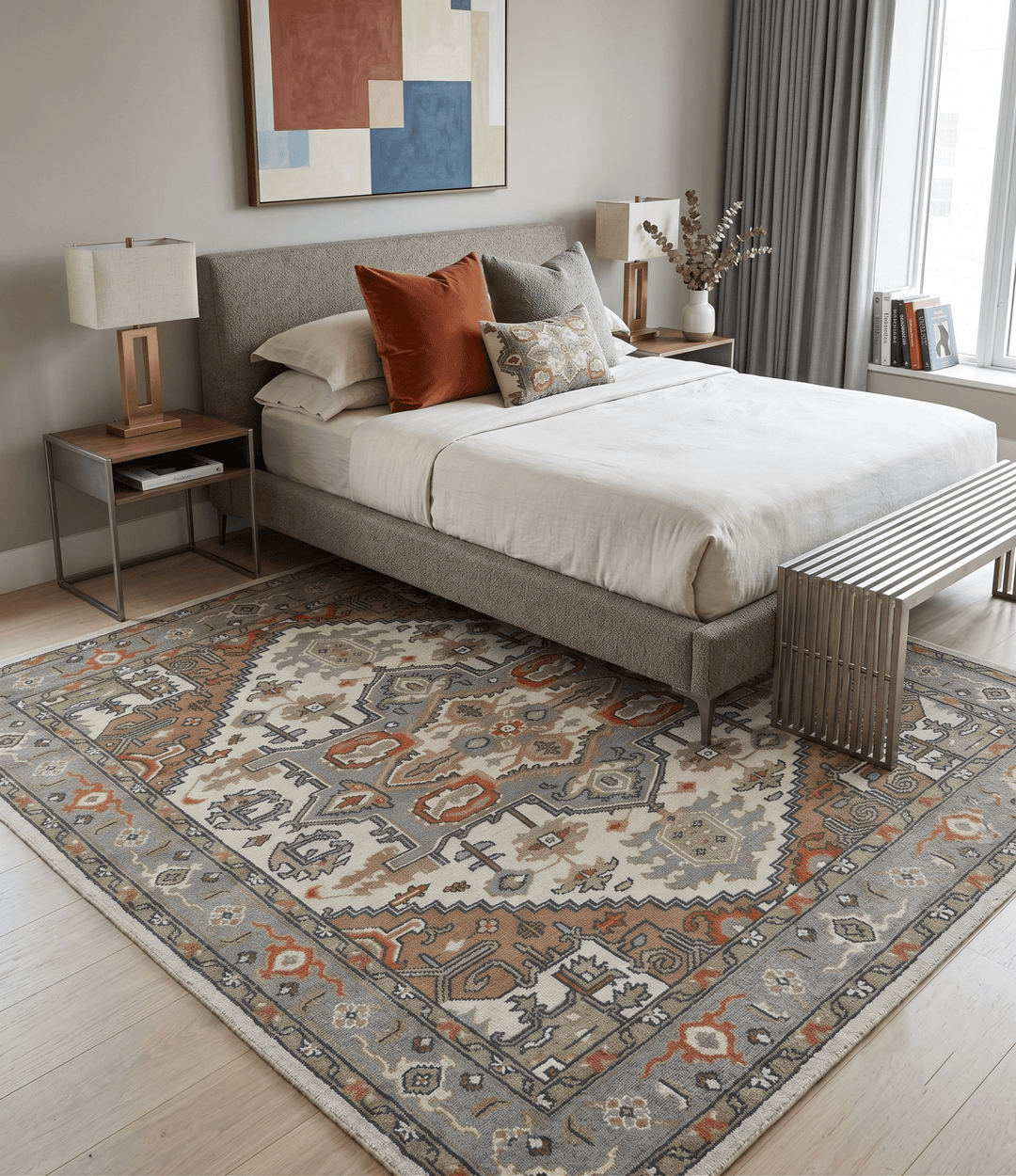 Custom Made Ivory, Silver, Peach and Olive Hand Knotted Traditional Heriz wool Area Rug - The Rug Decor