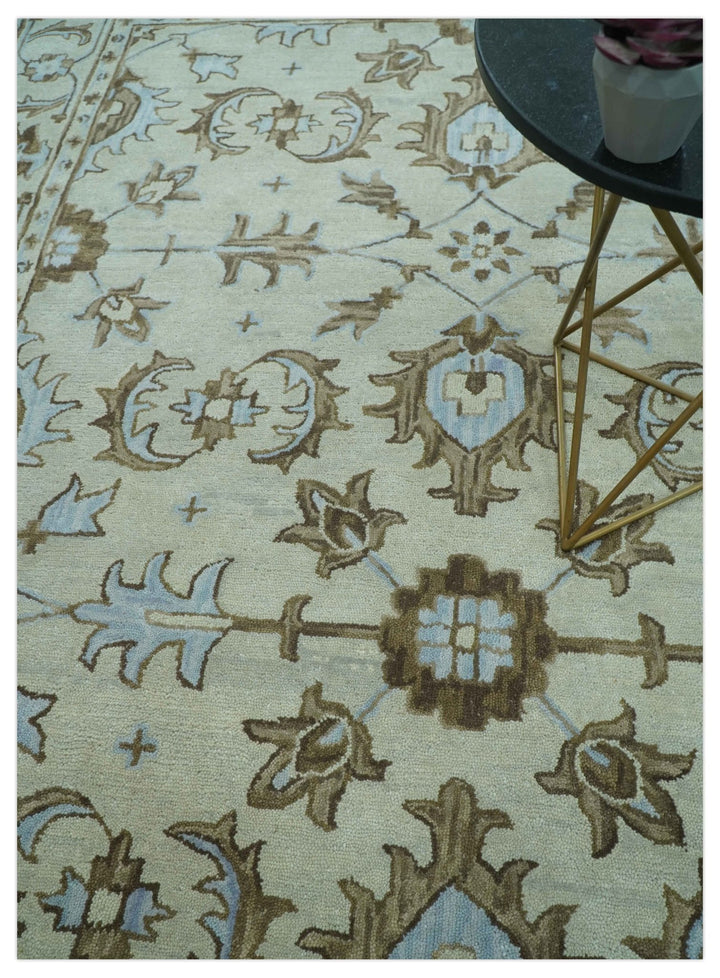 Custom Made Ivory, Taupe and Aqua Traditional Hand Tufted wool area rug - The Rug Decor