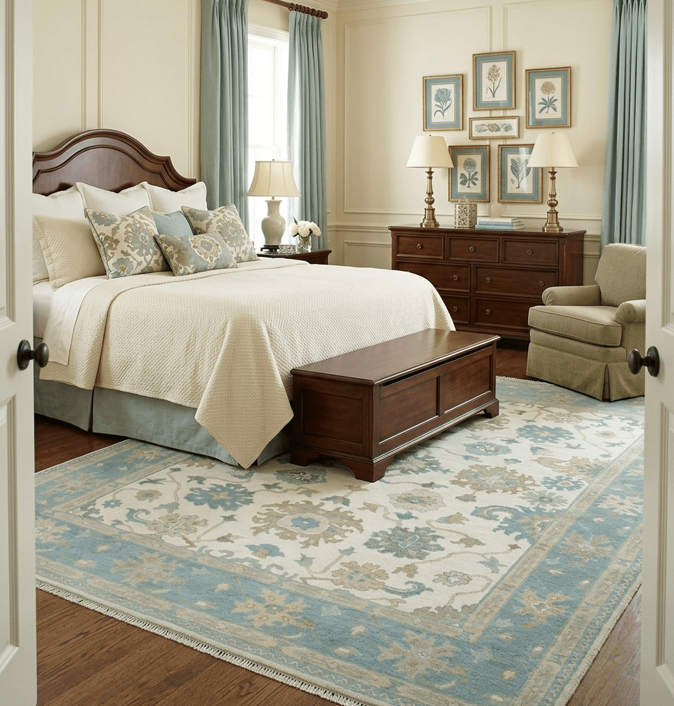 Custom Made Ivory, Teal and Beige Floral Hand Knotted Traditional Oushak Wool Area Rug - The Rug Decor