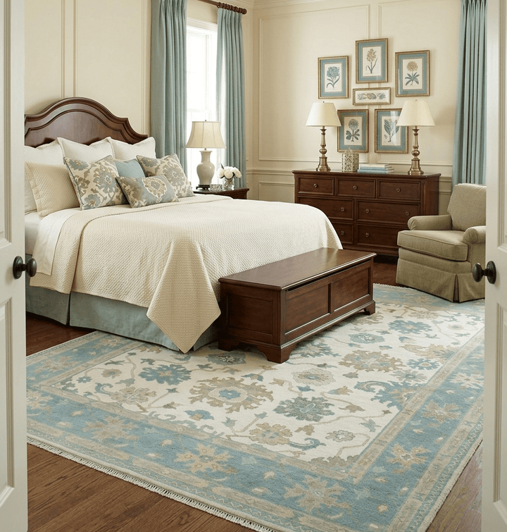 Custom Made Ivory, Teal and Beige Floral Hand Knotted Traditional Oushak Wool Area Rug - The Rug Decor