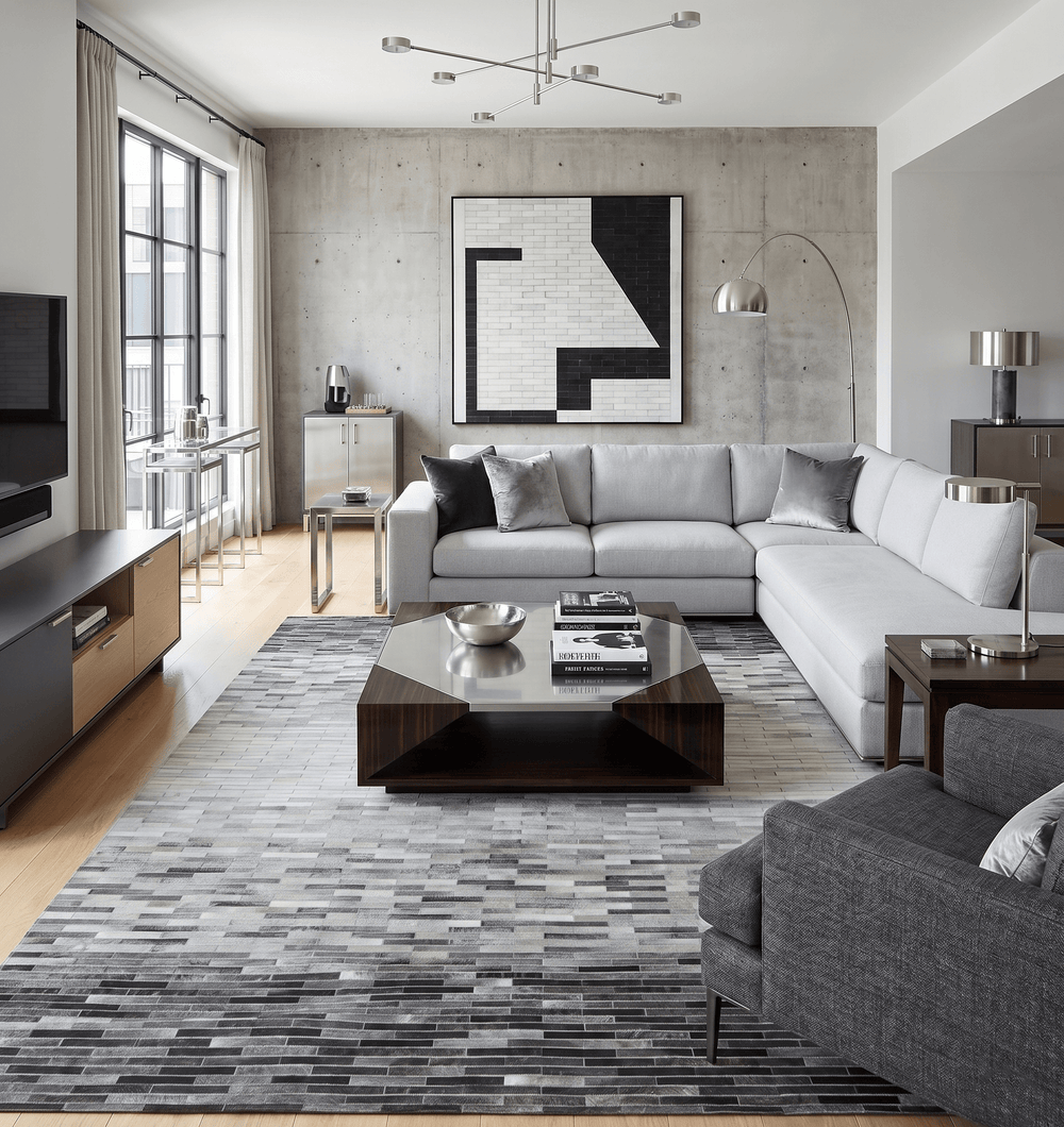 Custom Made Leather Striped Gray and Silver Leather Rug - The Rug Decor