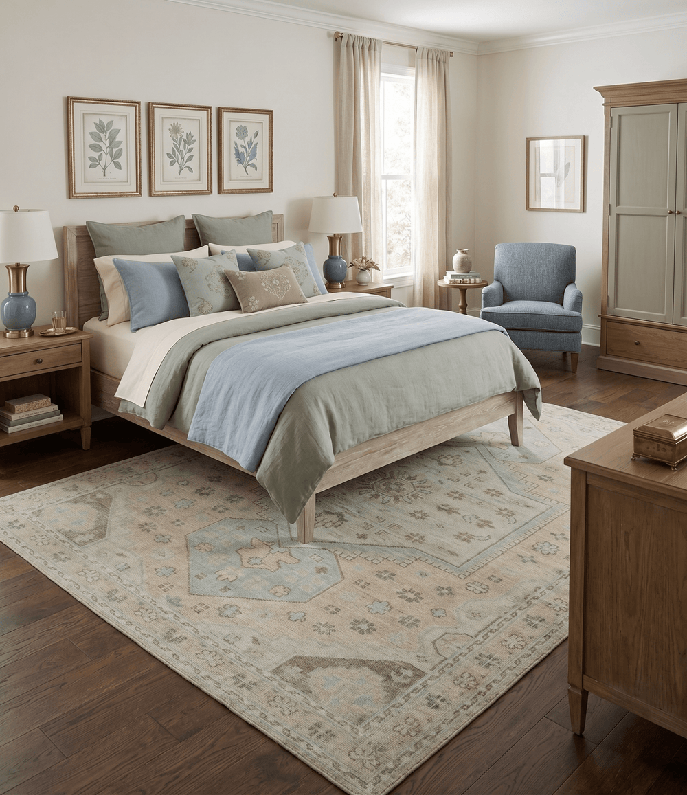 Custom Made Low Pile Hand Knotted Peach and Blue Traditional Design Wool Area Rug - The Rug Decor