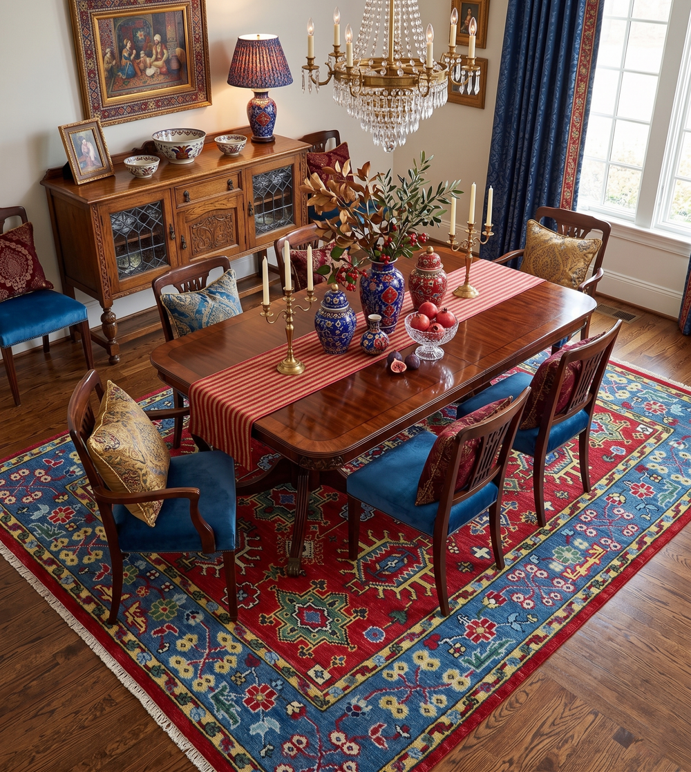 Custom Made Maroon and Blue Antique Turkish Hand Knotted Wool Area Rug - The Rug Decor
