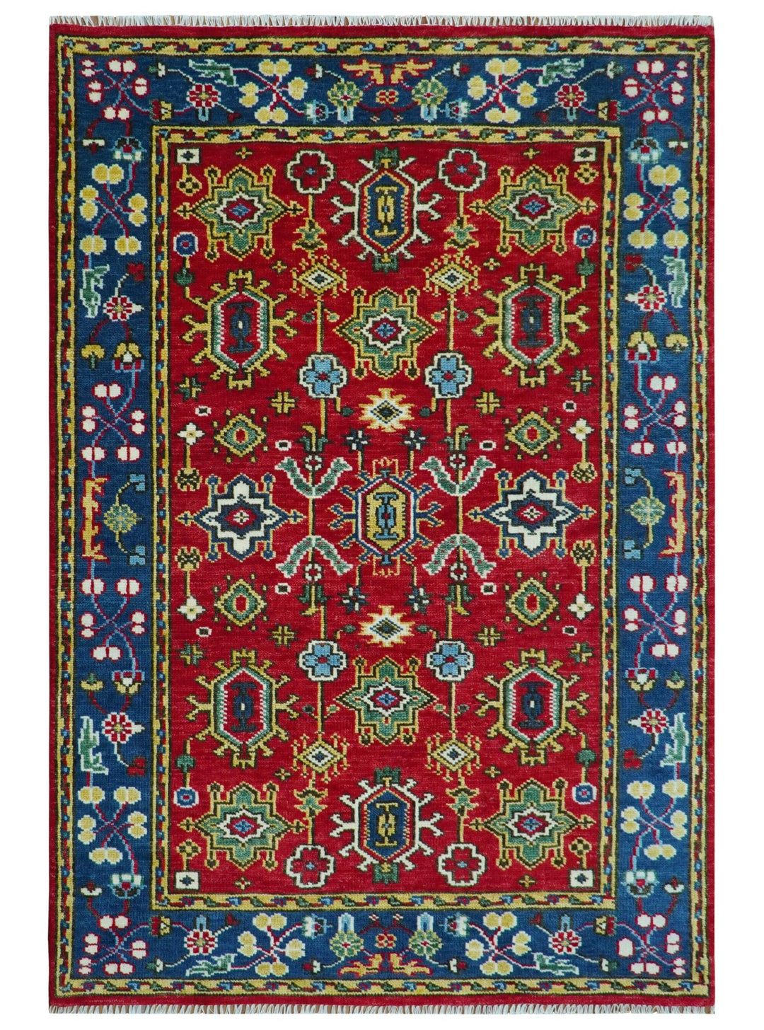 Custom Made Maroon and Blue Antique Turkish Kashgar Hand Knotted Red and Blue Traditional Oushak Wool Area Rug - The Rug Decor