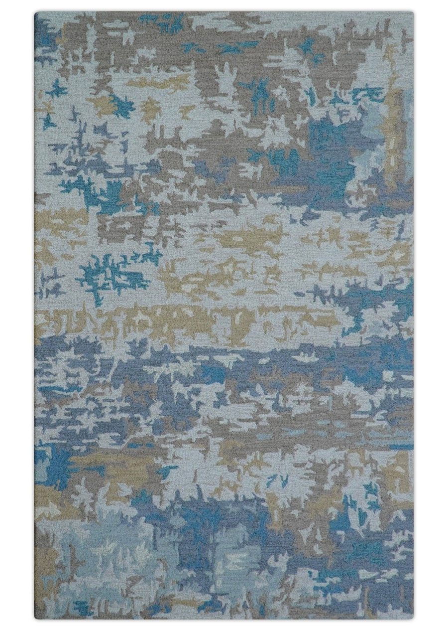 Custom Made Modern Abstract Blue And Beige Hand Tufted Wool Area Rug - The Rug Decor