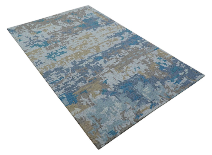 Custom Made Modern Abstract Blue And Beige Hand Tufted Wool Area Rug - The Rug Decor