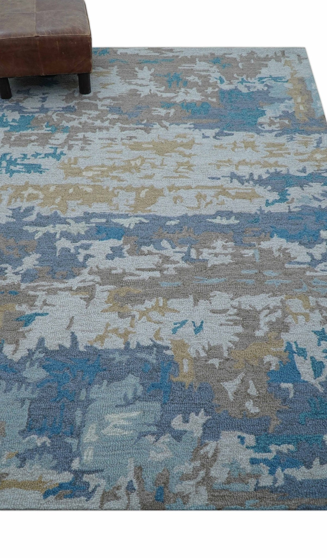 Custom Made Modern Abstract Blue And Beige Hand Tufted Wool Area Rug - The Rug Decor