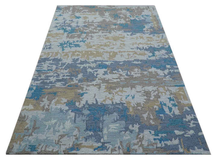 Custom Made Modern Abstract Blue And Beige Hand Tufted Wool Area Rug - The Rug Decor