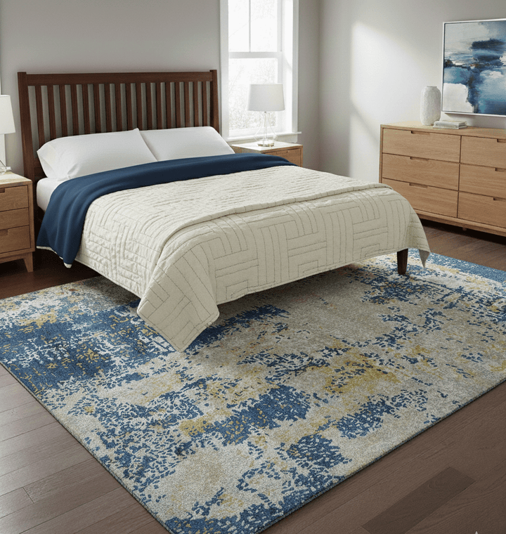 Custom Made Modern Abstract Blue And Beige Hand Tufted Wool - Art Silk Rug - The Rug Decor