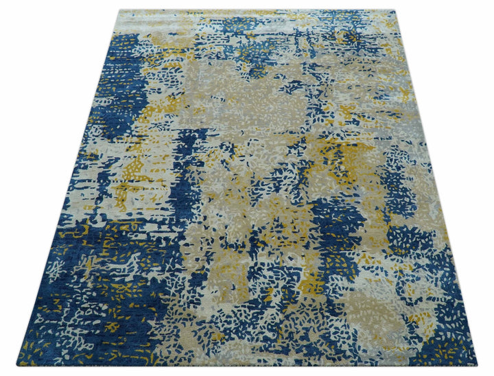 Custom Made Modern Abstract Blue And Beige Hand Tufted Wool - Art Silk Rug - The Rug Decor