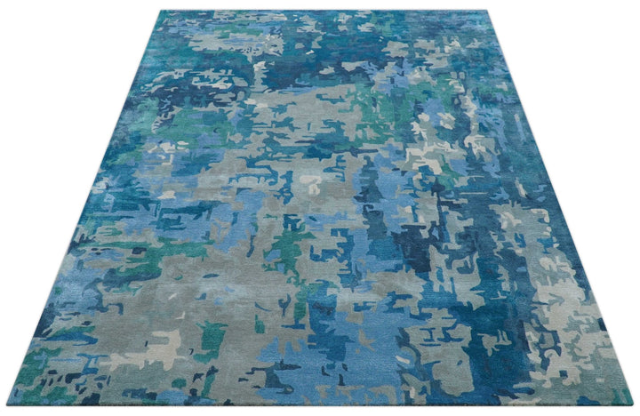 Custom Made Modern Abstract Blue Hand Tufted Wool Art - Silk Rug - The Rug Decor