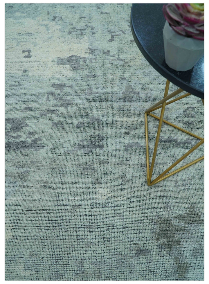 Custom Made Modern Abstract Design Blue And Gray Hand Knotted Wool Area Rug - The Rug Decor