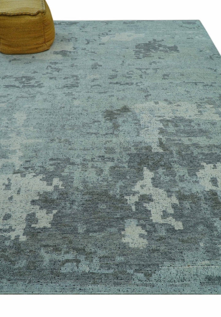 Custom Made Modern Abstract Design Blue And Gray Hand Knotted Wool Area Rug - The Rug Decor