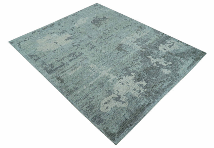 Custom Made Modern Abstract Design Blue And Gray Hand Knotted Wool Area Rug - The Rug Decor