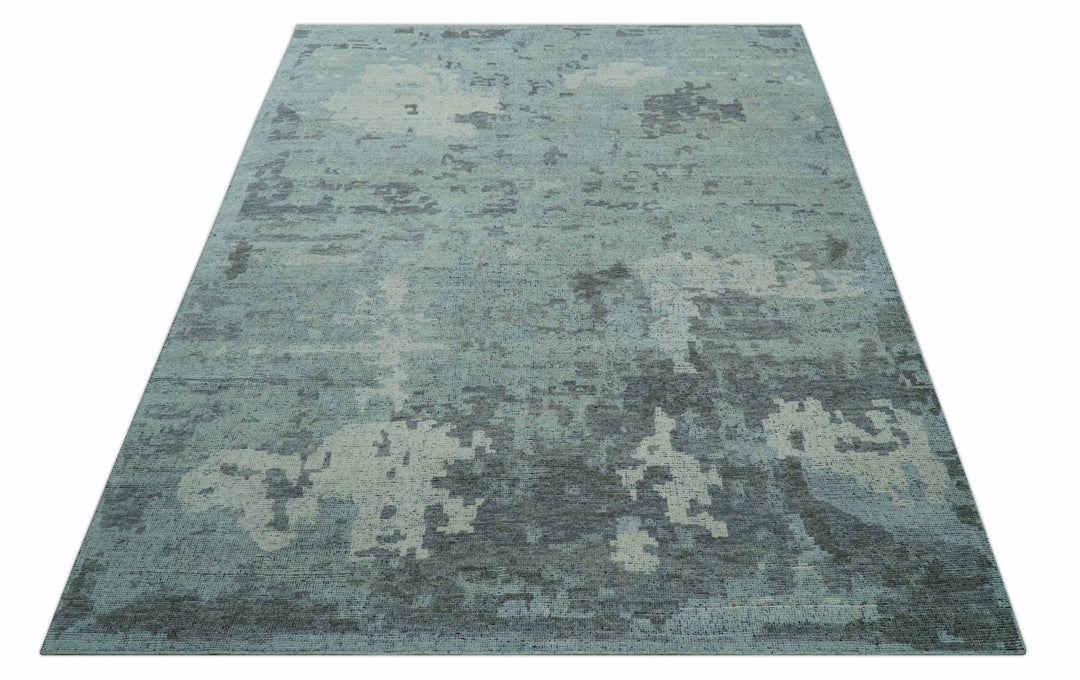 Custom Made Modern Abstract Design Blue And Gray Hand Knotted Wool Area Rug - The Rug Decor