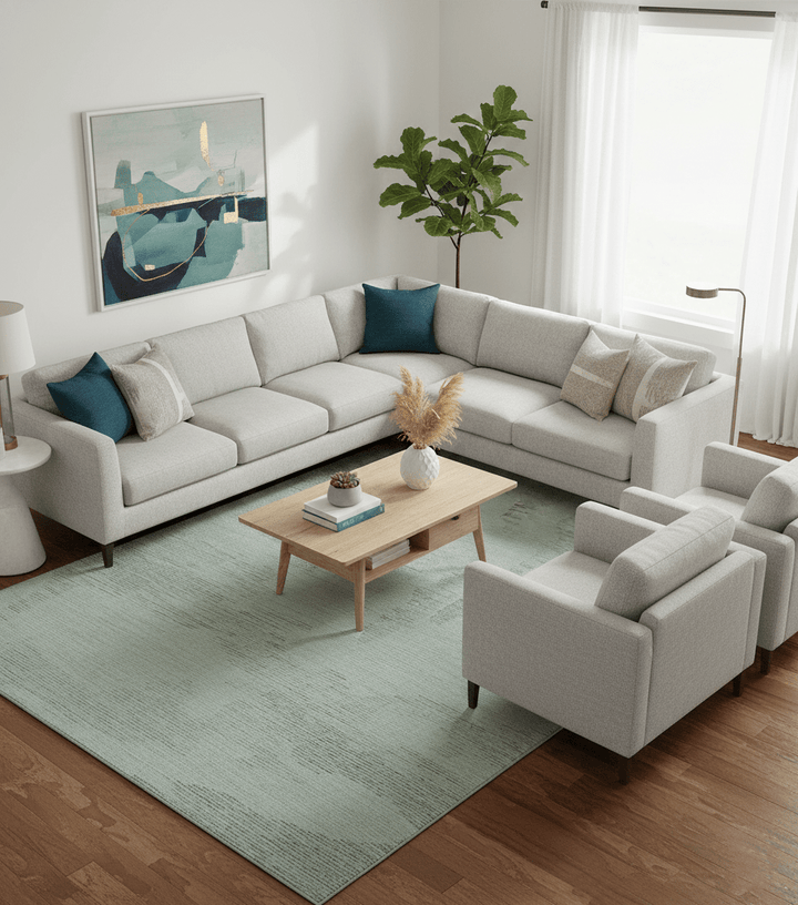 Custom Made Modern Abstract Design Ivory, Blue and Brown Hand Tufted Wool Area Rug - The Rug Decor