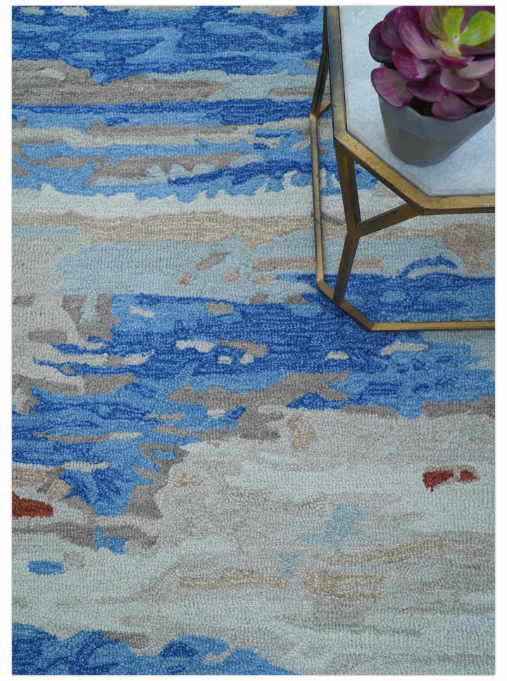 Custom Made Modern Abstract Silver And Blue Hand Tufted Wool Rug - The Rug Decor
