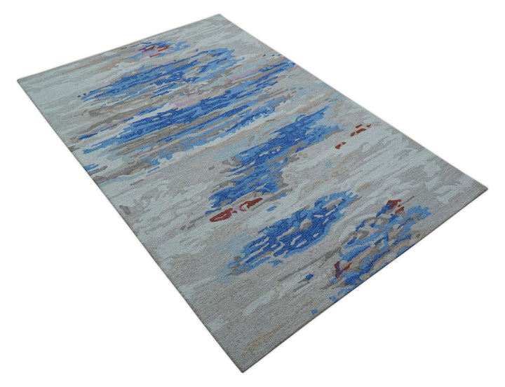 Custom Made Modern Abstract Silver And Blue Hand Tufted Wool Rug - The Rug Decor