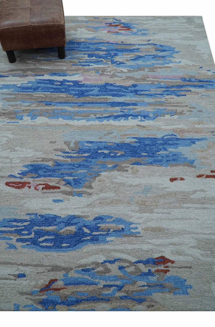 Custom Made Modern Abstract Silver And Blue Hand Tufted Wool Rug - The Rug Decor