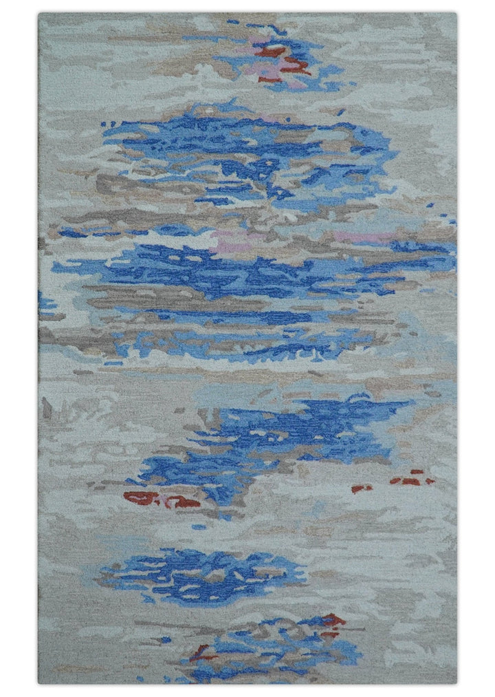 Custom Made Modern Abstract Silver And Blue Hand Tufted Wool Rug - The Rug Decor