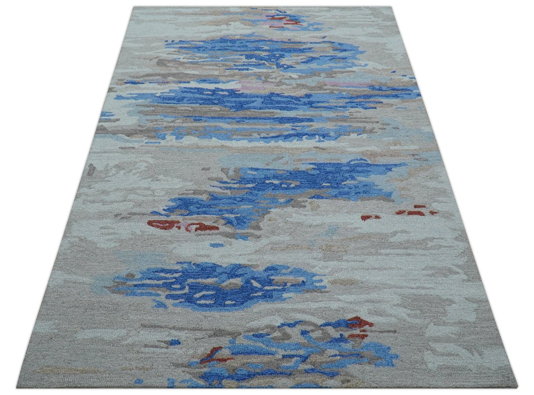 Custom Made Modern Abstract Silver And Blue Hand Tufted Wool Rug - The Rug Decor