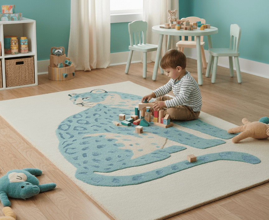 Custom Made Modern Animal Pattern Teal And Beige Hand Tufted Wool Area Rug - The Rug Decor